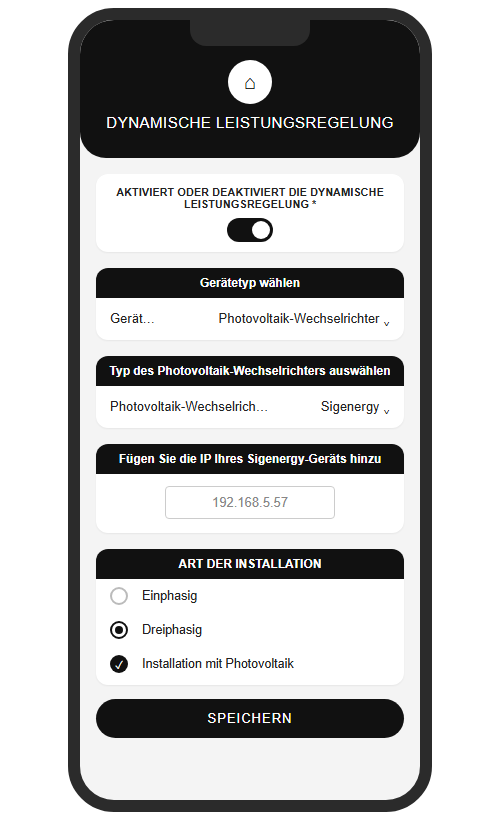 V2C App: Wechselrichtertyp Sigenergy in der dynamischen Leistungsregelung mit IP-Adresse und Installationsart