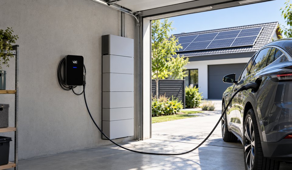 Garage mit Trydan Wallbox und modularem Batteriespeicher an der Betonwand, ein Elektroauto lädt in der Einfahrt, im Hintergrund ein Haus mit Solaranlage