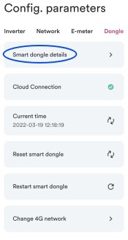 Menu Config. paramètres de l'application Solplanet avec l'option Détails du dongle intelligent signalée