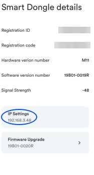 Détails de l'écran Smart Dongle de l'application Solplanet avec l'IP de l'Ai-Dongle signalée