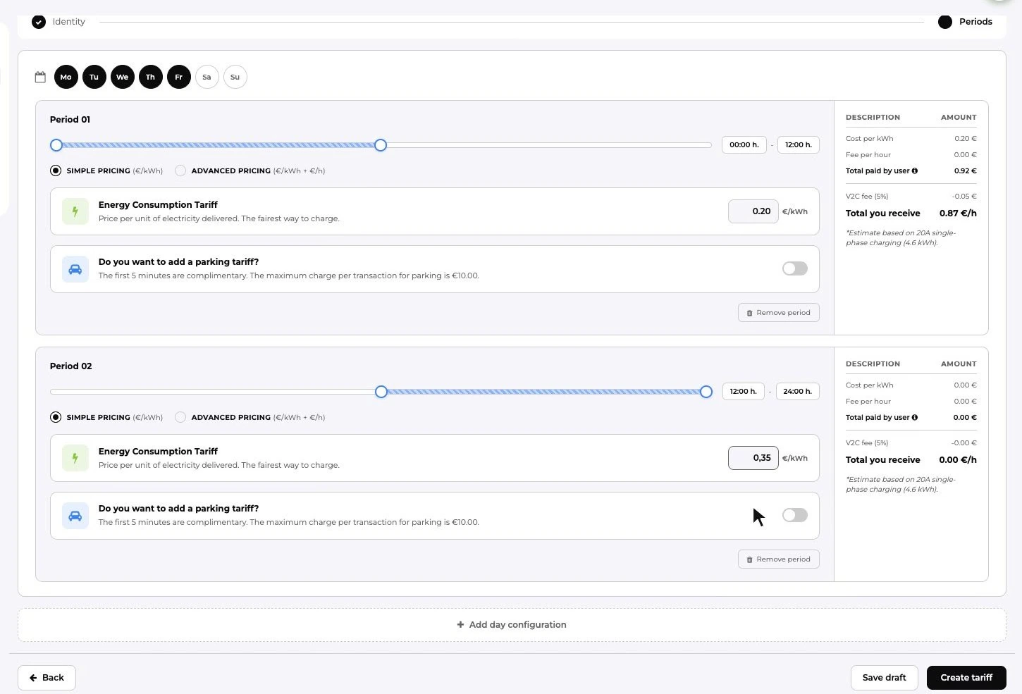 Configuración de lunes a viernes con dos periodos: hasta las 12:00 y de 12:00 a 24:00