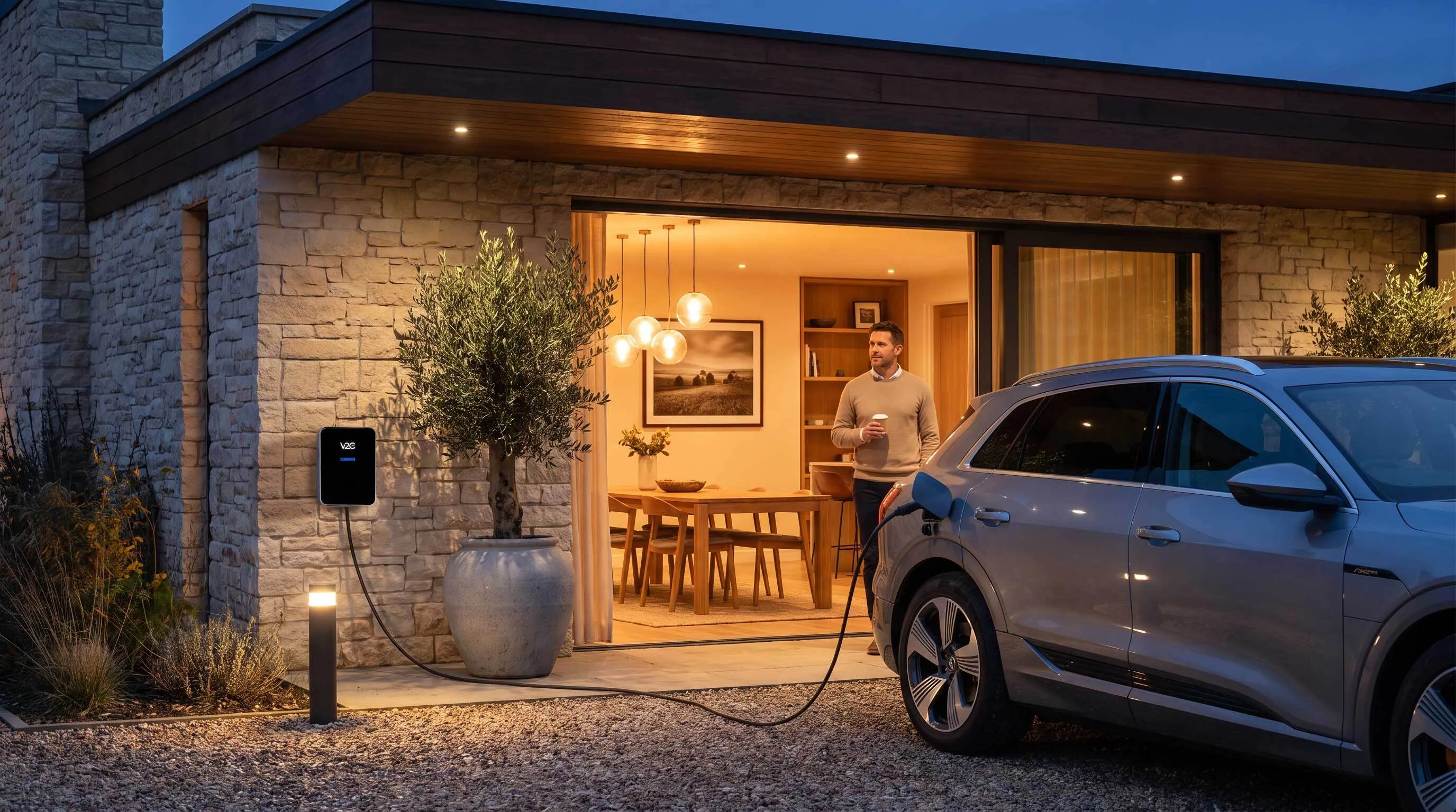 Trydan wall-mounted electric car charger on a stone house at dusk, car charging while a man relaxes in the lit home
