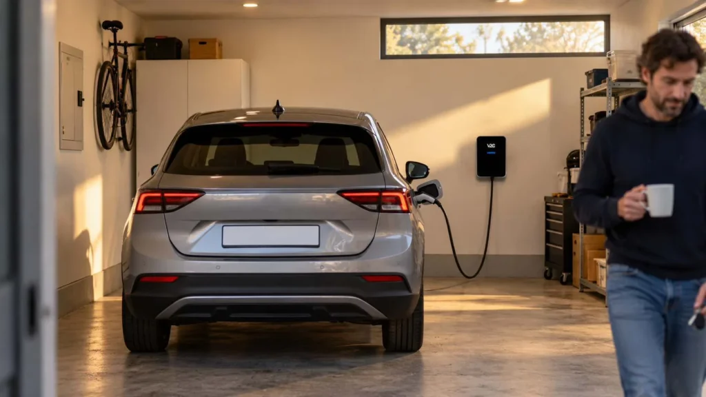Man walking out of a home garage with a coffee while a silver electric car charges from a Trydan wall charger