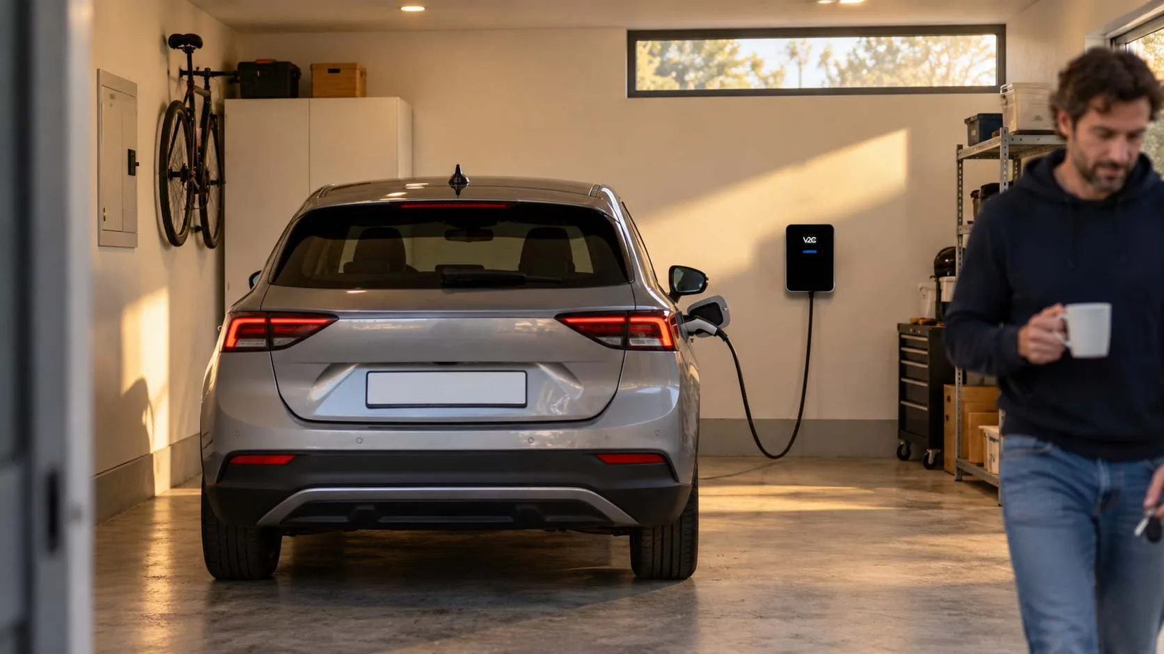Auto elettrica in ricarica con una wallbox V2C Trydan installata nel garage di casa