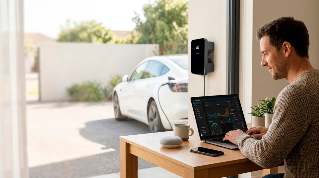 Man using Home Assistant on a laptop at a desk with a Google Home speaker, while a white electric car charges from a Trydan wall charger outside the window