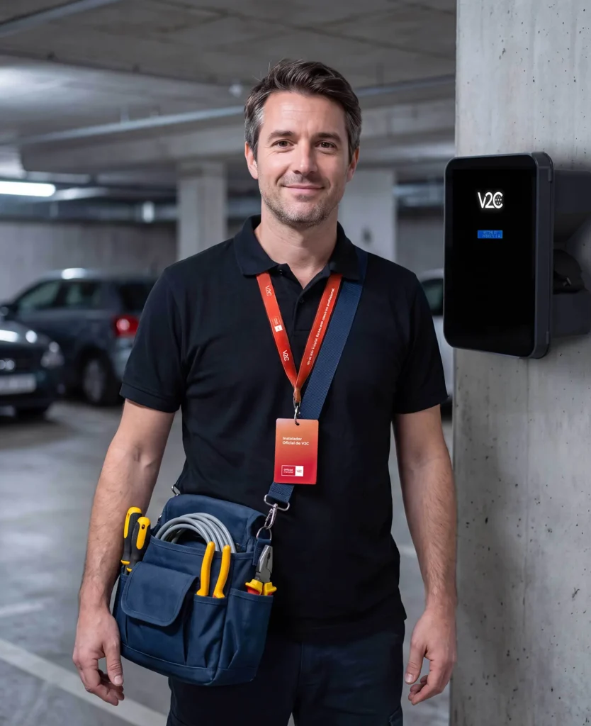 Official V2C installer in a black polo shirt with a tool bag and a V2C ID badge, standing next to a Trydan wall charger in an underground car park