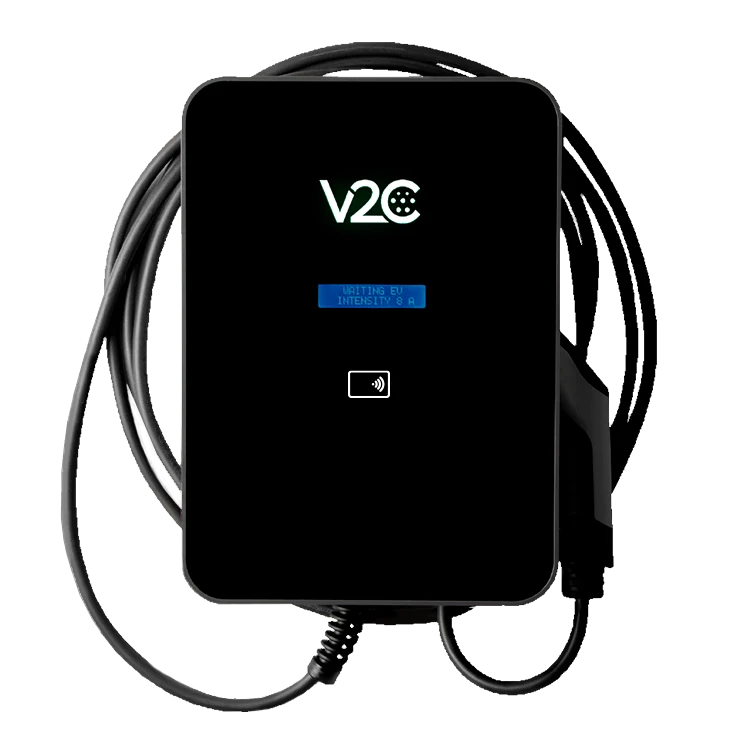 Front view of the black Trydan Pro wall charger by V2C with its RFID card reader and charging cable coiled behind it