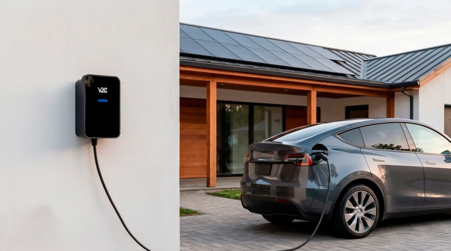 Home with solar panels on the roof and a Trydan wall-mounted electric car charger, grey electric SUV charging in the driveway at dusk