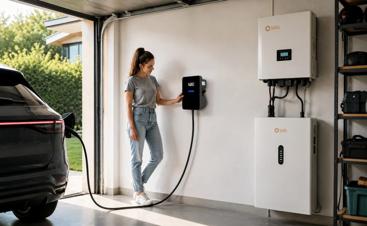 Woman touching a Trydan wall charger in a garage next to a Solis solar inverter and battery while an electric car charges