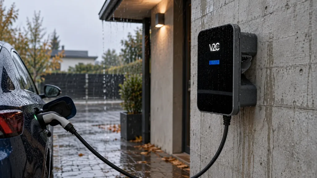Trydan wall charger mounted on an outdoor concrete wall in heavy rain, charging a dark electric car