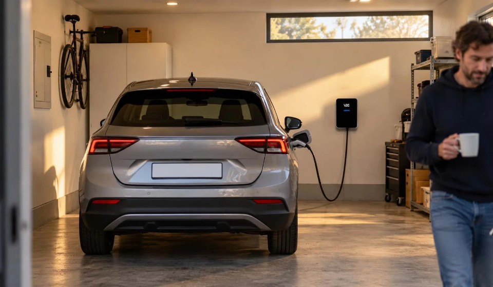 Trydan an der Garagenwand, das Ladekabel führt zum Ladeanschluss hinten rechts am geparkten Elektroauto