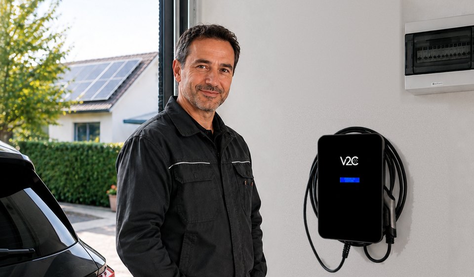 Elektriker steht neben einer montierten Wallbox Trydan und einem Zählerschrank, im Hintergrund ein Haus mit PV-Anlage
