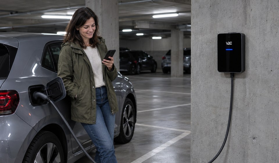 Mieterin prüft auf dem Smartphone den Ladevorgang, während ihr E-Auto in der Tiefgarage eines Mietshauses an einer Trydan-Wallbox lädt