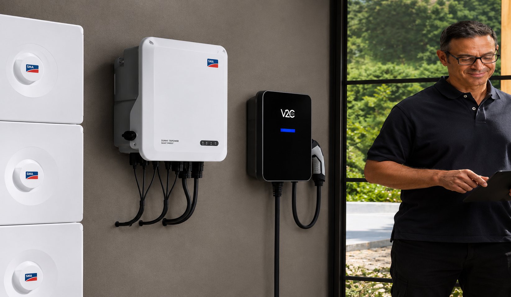 Wallbox Trydan neben einem SMA-Wechselrichter und Batteriemodulen an einer Hauswand, rechts ein Techniker mit Tablet